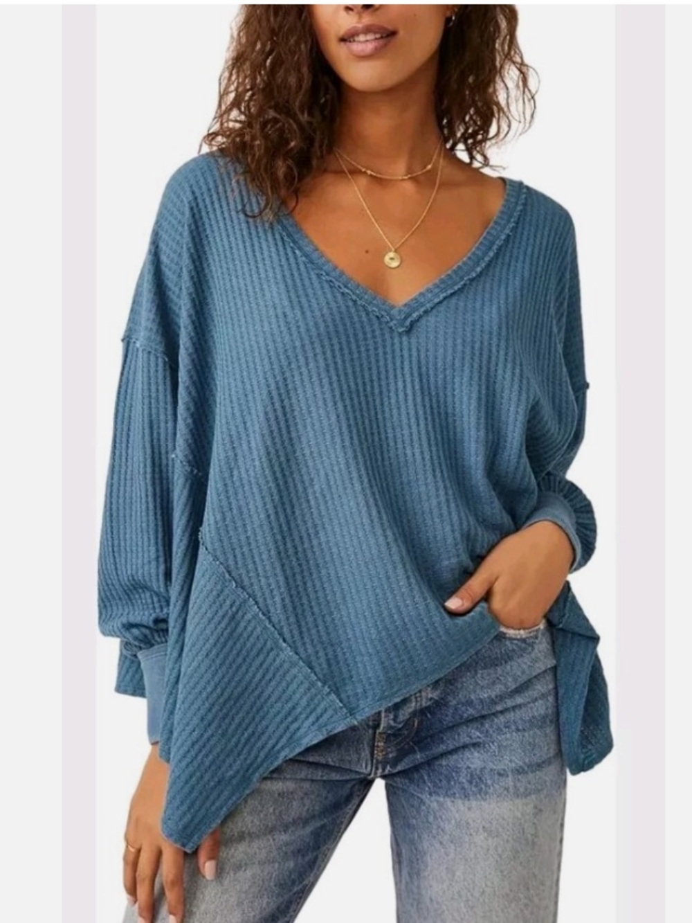 We The Free People Coraline Thermal Womens Small Oversized Swing Top Legion Blue - Picture 2 of 8
